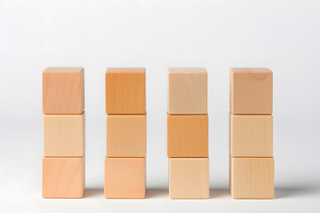 four stacked by three wooden blocks in a row on white background 