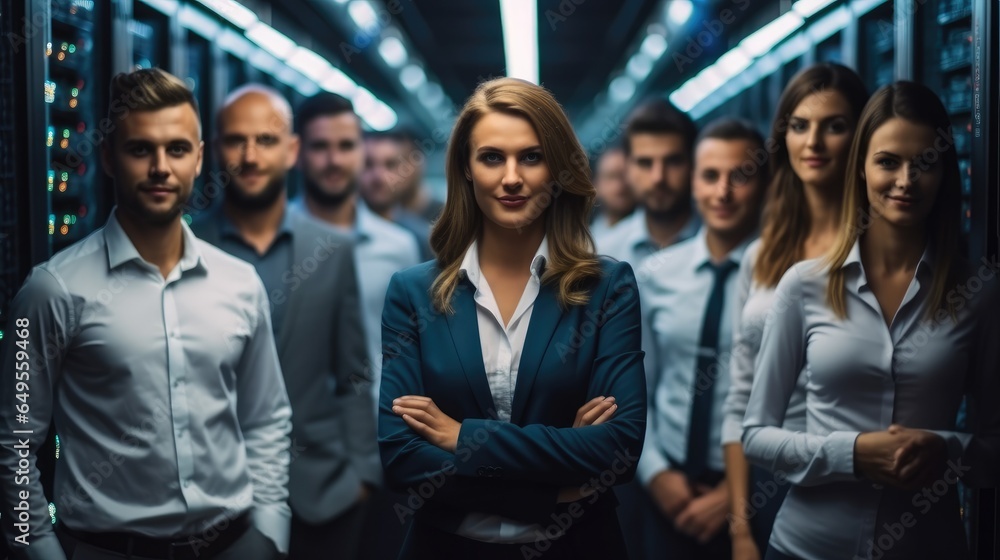 Poster group of people who work for technology standing in data center room with server equipment in the ba