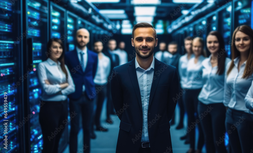 Poster group of people who work for technology standing in data center room with server equipment in the ba