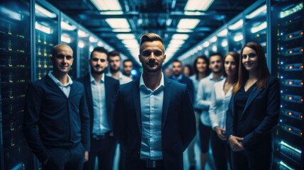 Group of people who work for technology standing in data center room with server equipment in the background.