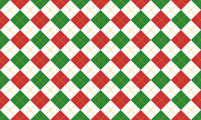 Christmas argyle seamless pattern with green and red diamond shapes on white background. Argyle Pattern. Vector Repeating Textures.