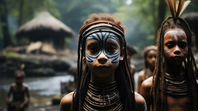 Children from a tribe with cultural tattoos, Ancient tribes in Indonesia.