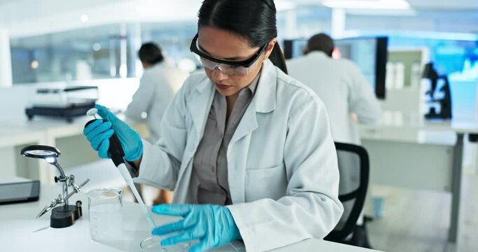 Research, dropper or scientist in laboratory for particles, medical study or test experiment. Data analysis info, pipette or Asian woman with chemical liquid for development on petri dish results