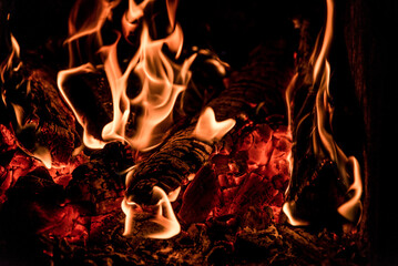 Close up picture of wood burning in a camp fire. Hot Red Flames. Taken in Nova Scotia, Canada Dark...