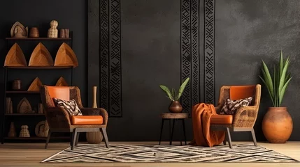 Schilderijen op glas African ethnic style bedroom interior mock up room. Simple mockup space. Loft background image © Daniil