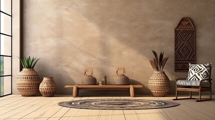 African ethnic style bedroom interior mock up room. Simple mockup space. Loft background image - obrazy, fototapety, plakaty