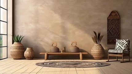  African ethnic style bedroom interior mock up room. Simple mockup space. Loft background image © Daniil