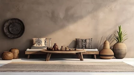 Foto op Plexiglas African ethnic style bedroom interior mock up room. Simple mockup space. Loft background image © Daniil