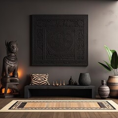 African ethnic style bedroom interior mock up room. Simple mockup space. Loft background image