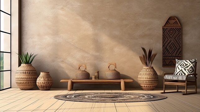 African Ethnic Style Bedroom Interior Mock Up Room. Simple Mockup Space. Loft Background Image