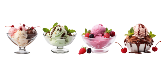 Set of various colorful ice cream in bowl with berries isolated on clean png background, Dessert sweet waffles and different ice-cream balls