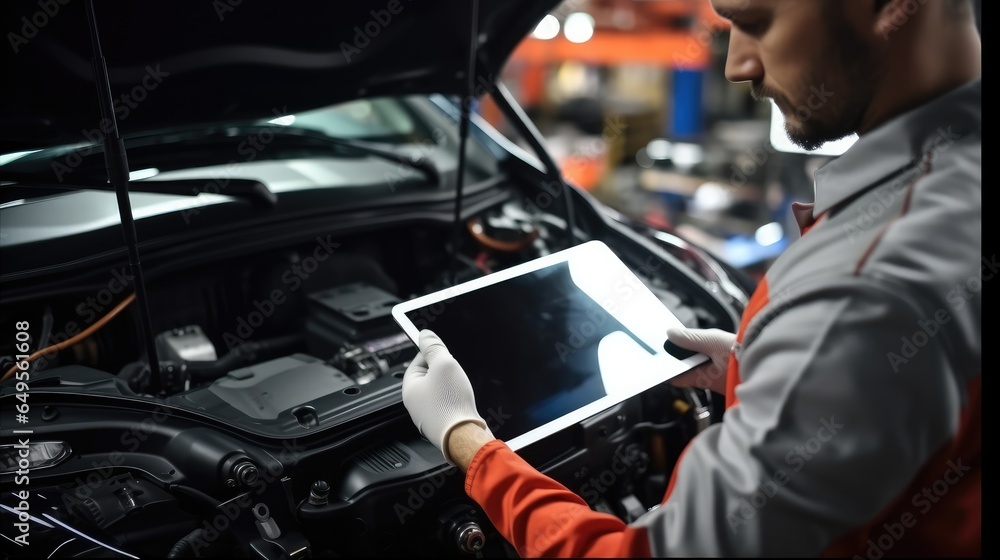 Aufkleber mechanic in white gloves using special digital tablet used for automobile checkup and fixing damaged