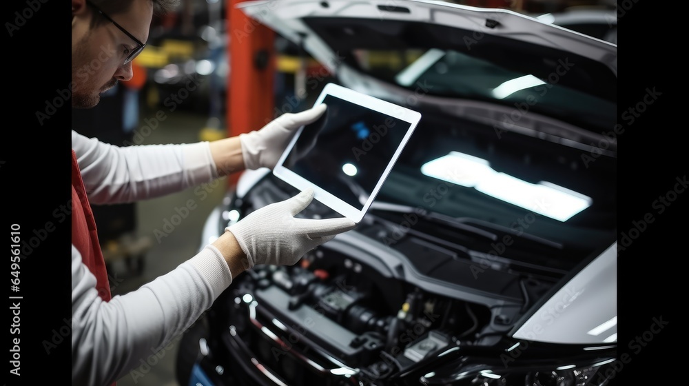 Aufkleber mechanic in white gloves using special digital tablet used for automobile checkup and fixing damaged