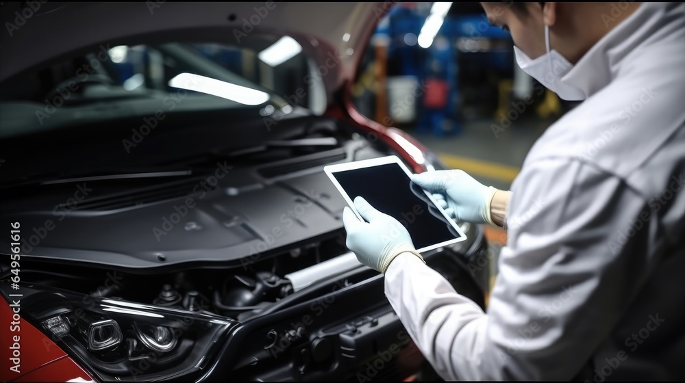 Aufkleber mechanic in white gloves using special digital tablet used for automobile checkup and fixing damaged