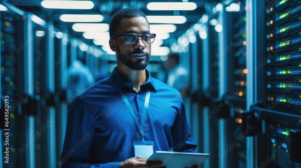 Leinwandbilder data center officer working in a data center with server racks, wires and servers.