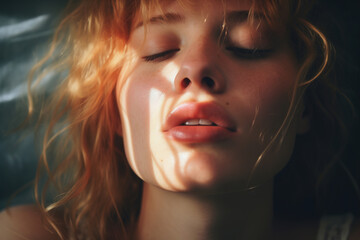 Sex, female orgasm concept. Sensual sexy redhead woman with closed eyes and open mouth, close-up - obrazy, fototapety, plakaty