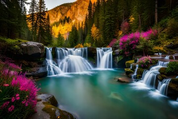 waterfall in autumn,waterfall wildlife, tropical waterfall, waterfall backdrop, waterfall wallpaper, and waterfall in the forest with the wooden bridge across the lake