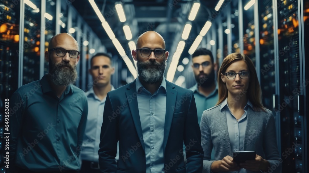 Poster business analysts proudly overseeing technology infrastructure in big database server center office.