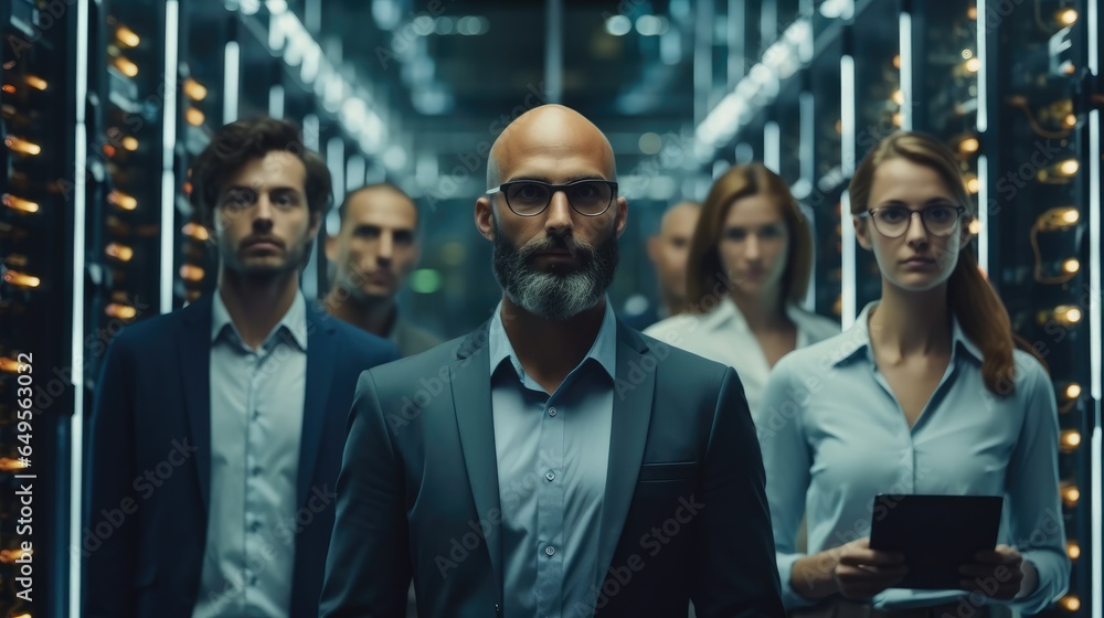 Poster group of it specialist standing in a server room or data center.