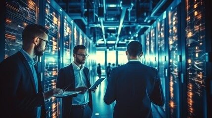 Two colleagues are working in a data center. They are using machine learning algorithms to process.