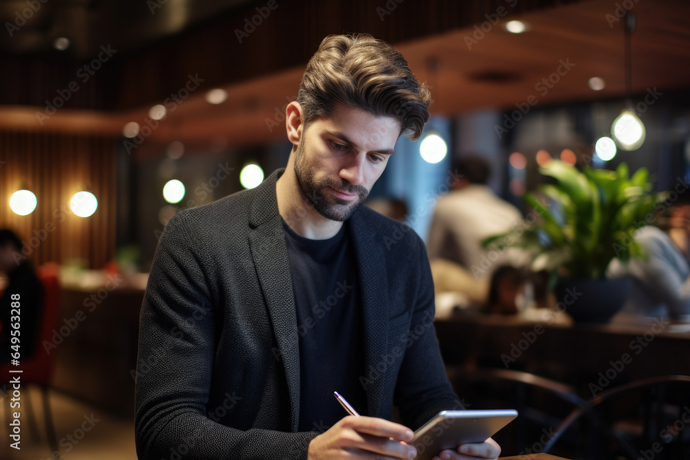 Aufkleber man sitting at table using tablet computer. this image can be used to illustrate technology, digital