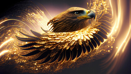 A golden eagle flying in the sparkle glitter background