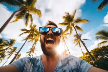 Man wearing sunglasses is taking selfie with palm trees in background. This image can be used to capture fun and relaxed atmosphere of tropical vacation.