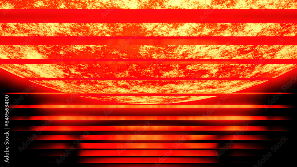Poster bright planet glows with moving stripes. design. bright 3d planet with cyber field and stripes. cybe