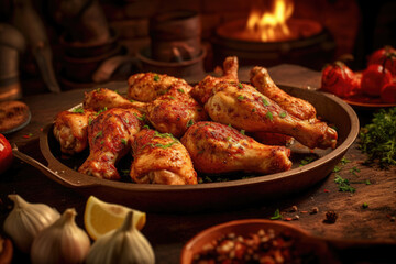 Spicey chicken drumsticks with herbs recipe intricately detailed, AI Generated