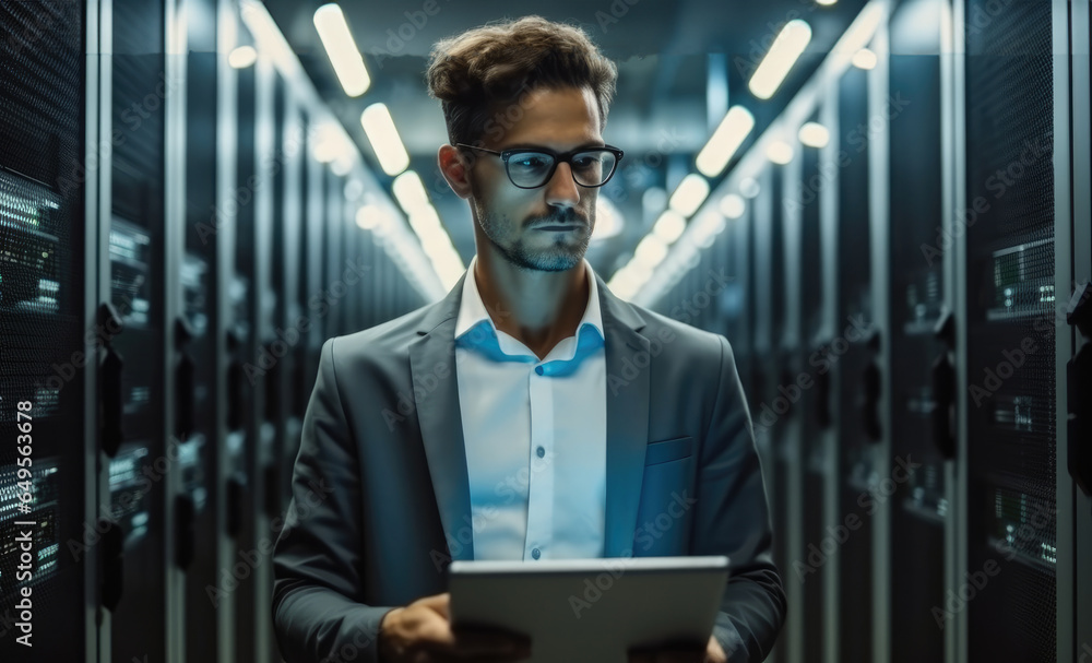 Poster Male engineer checking about problems with a computer at server room scene.