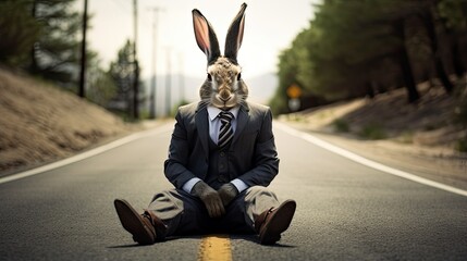 A rabbit wearing a suit and tie sits on a road - obrazy, fototapety, plakaty