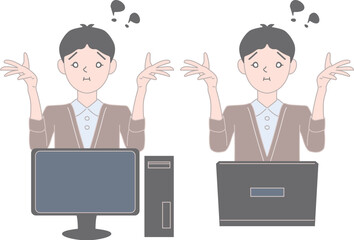 困る　ビジネスカジュアルの服装をした男性　デスクトップパソコン　ノートパソコン　エラー