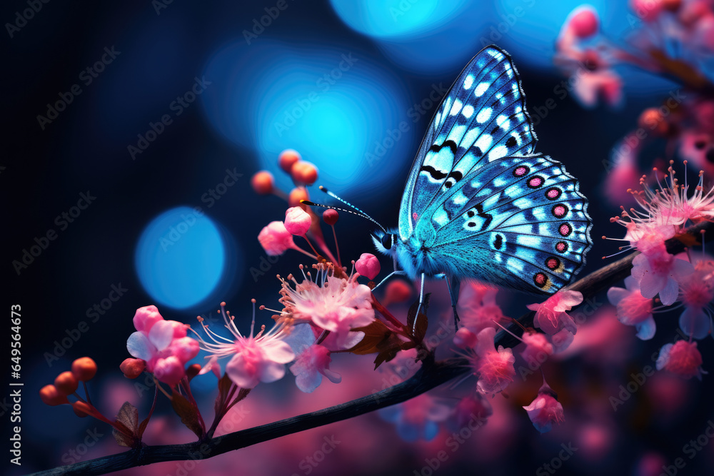 Poster blue butterfly perched on branch of tree. this nature image captures beauty and elegance of butterfl