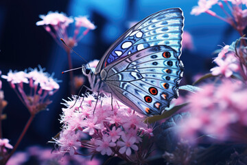 Naklejka premium Beautiful blue butterfly perched on top of vibrant pink flower. Perfect for nature lovers and garden enthusiasts.