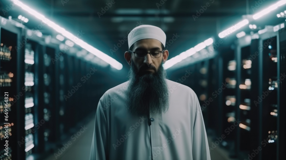 Leinwandbilder Muslim IT Engineer Standing in a room data center with Operational Server Racks.