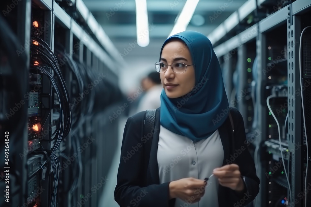 Poster muslim woman it technician working in a data center or operational server room.