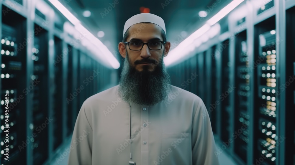 Aufkleber Muslim IT Engineer Standing in a room data center with Operational Server Racks.
