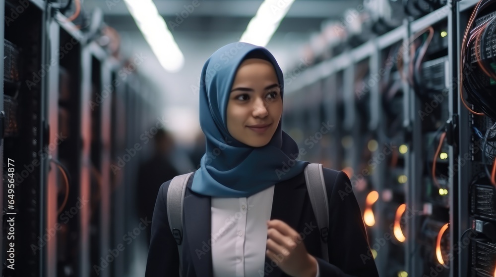 Aufkleber muslim woman it technician working in a data center or operational server room.