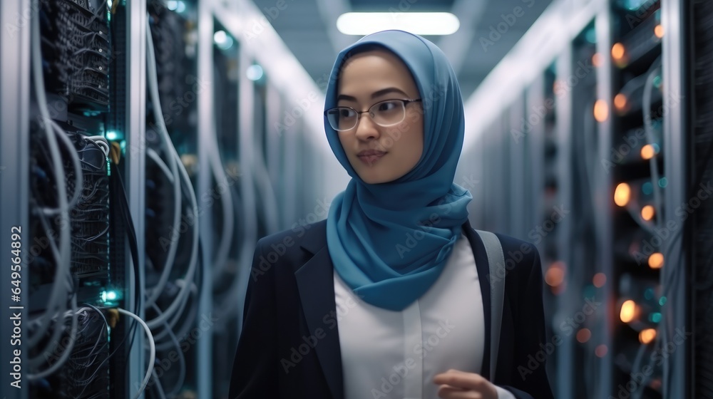 Aufkleber muslim lady technician working in a server room with servers in the background