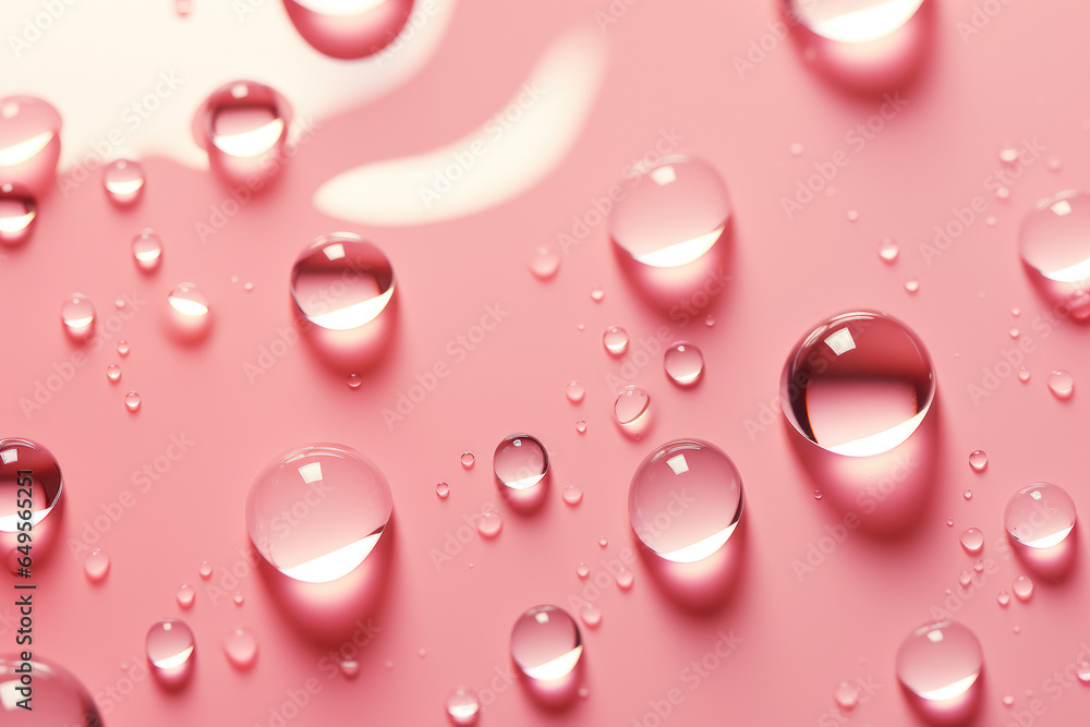 Poster numerous water droplets on vibrant pink surface. concepts such as freshness, purity, and tranquility
