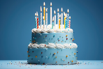 Delicious blue birthday cake with white frosting and brightly lit candles. Perfect for celebrating special occasion.