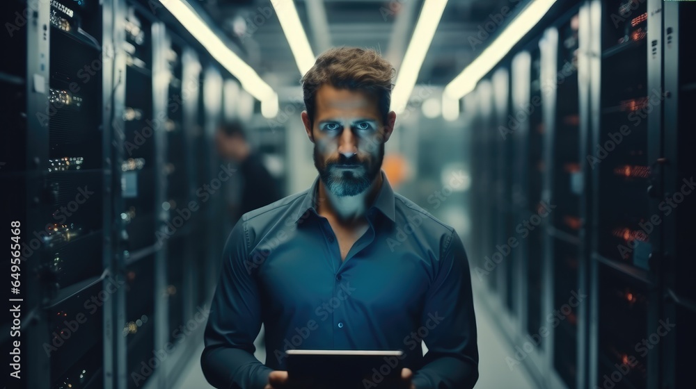 Leinwandbilder male engineer checking about problems with a computer at server room scene.