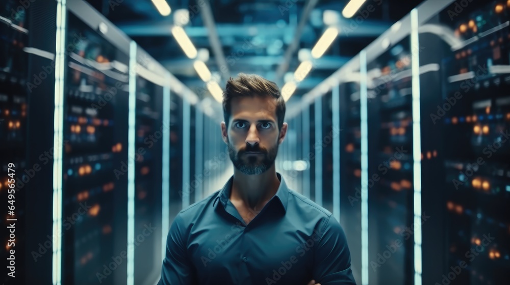 Poster portrait of man it engineer standing in a data room.