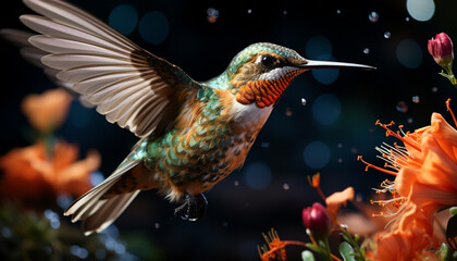Hummingbird hovers mid air, spreading vibrant wings, pollinating flowers generated by AI - obrazy, fototapety, plakaty