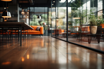 Picture of wooden floor in restaurant with orange chairs. This image can be used to showcase...