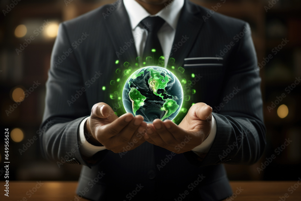 Aufkleber man dressed in suit holds glowing globe in his hand. this image can be used to represent global conc