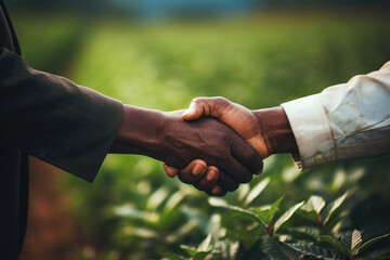 Two people shaking hands in field. Suitable for business, partnership, and teamwork concepts.