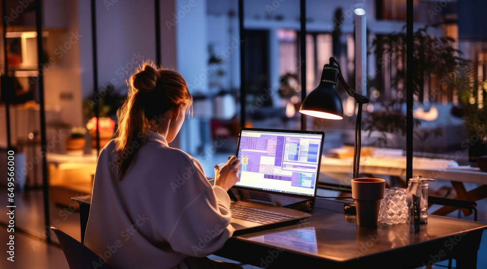 Poster businesswoman analyzing marketing graph report on laptop computer at office, working overtime at pro