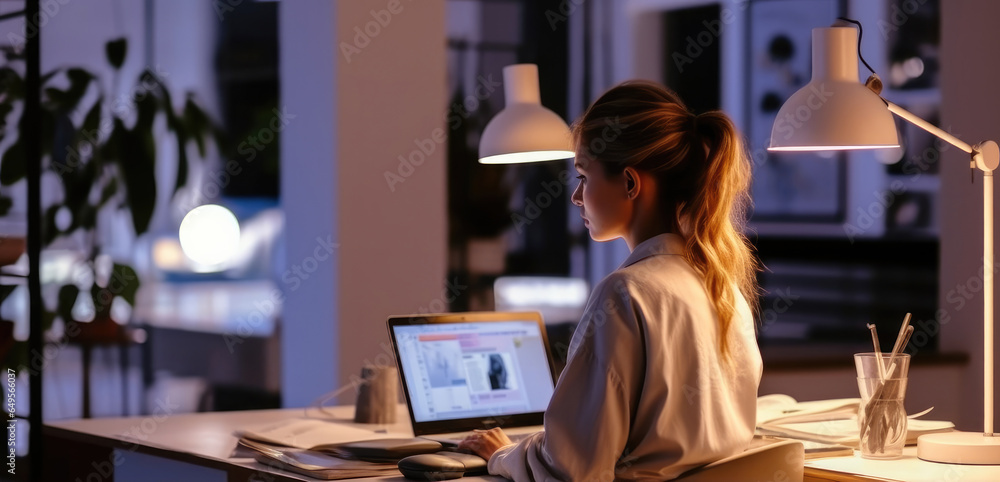 Poster businesswoman analyzing marketing graph report on laptop computer at office, working overtime at pro