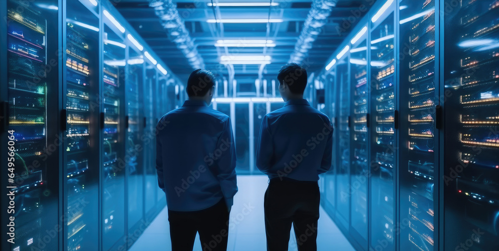 Poster a server room scene with two male engineers talking about a problem with a computer.